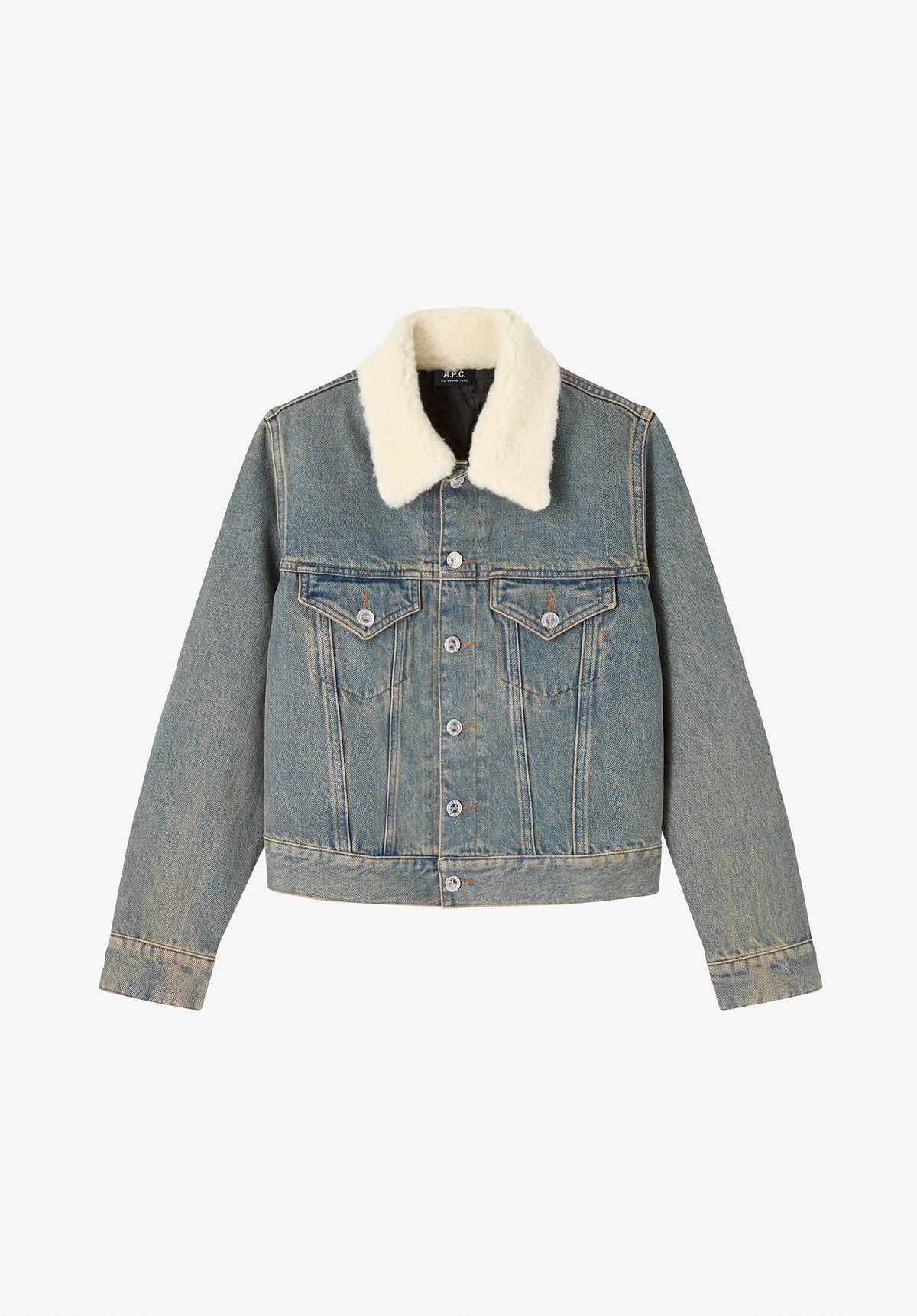 Veste en jean indigo délavé à col fourré