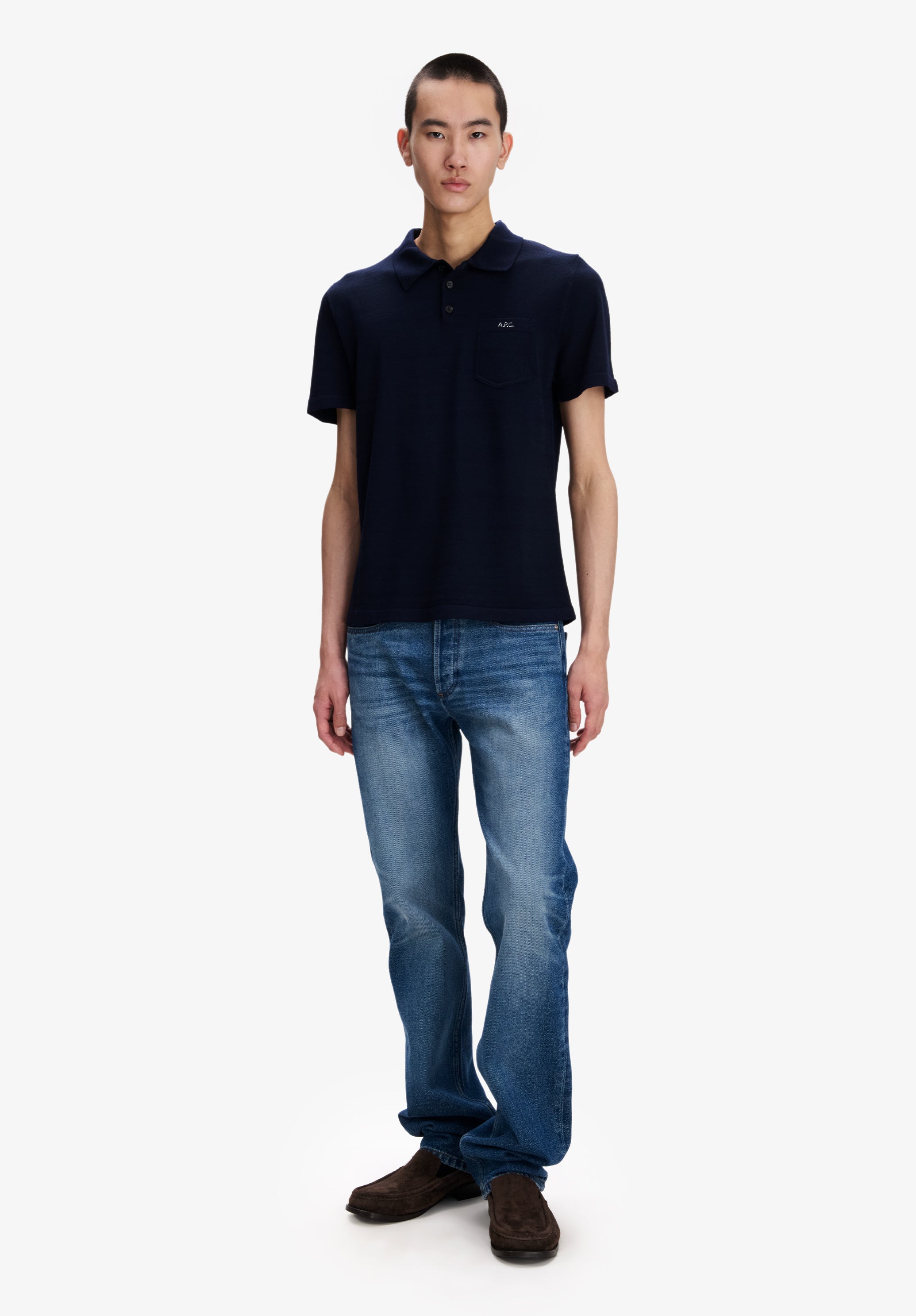 Navy blue merino wool polo - 1