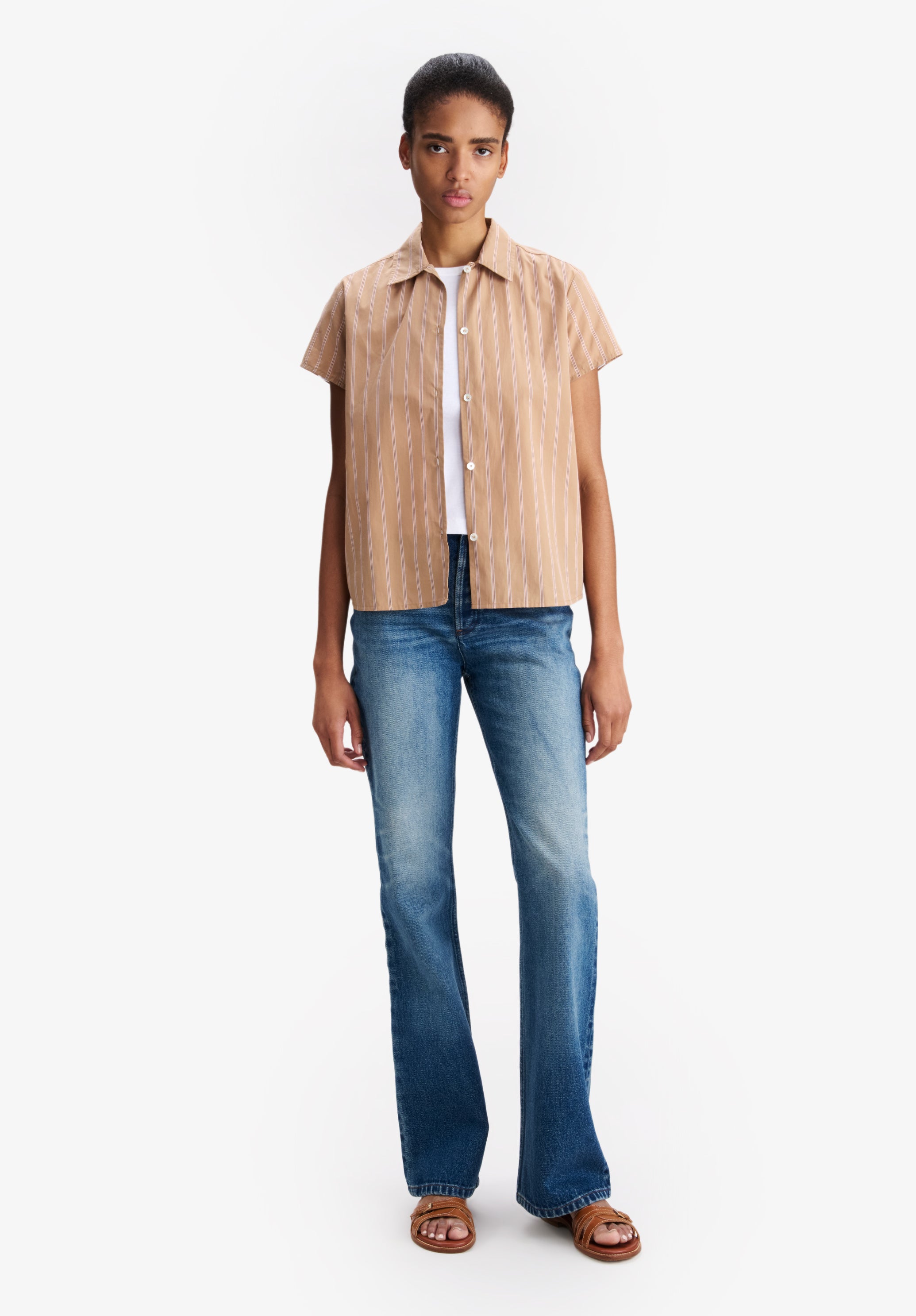 Striped beige short-sleeved shirt - 1