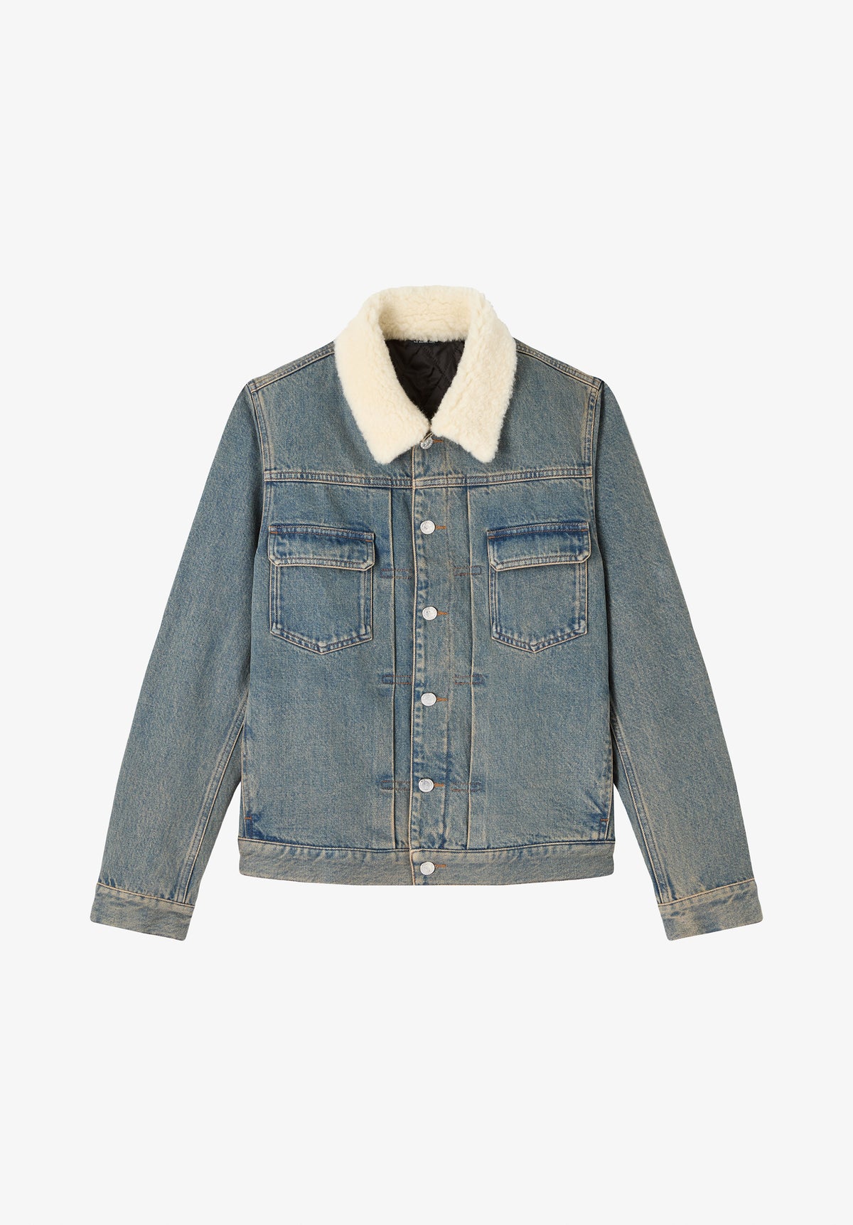 Veste en jean indigo délavé à col fourré