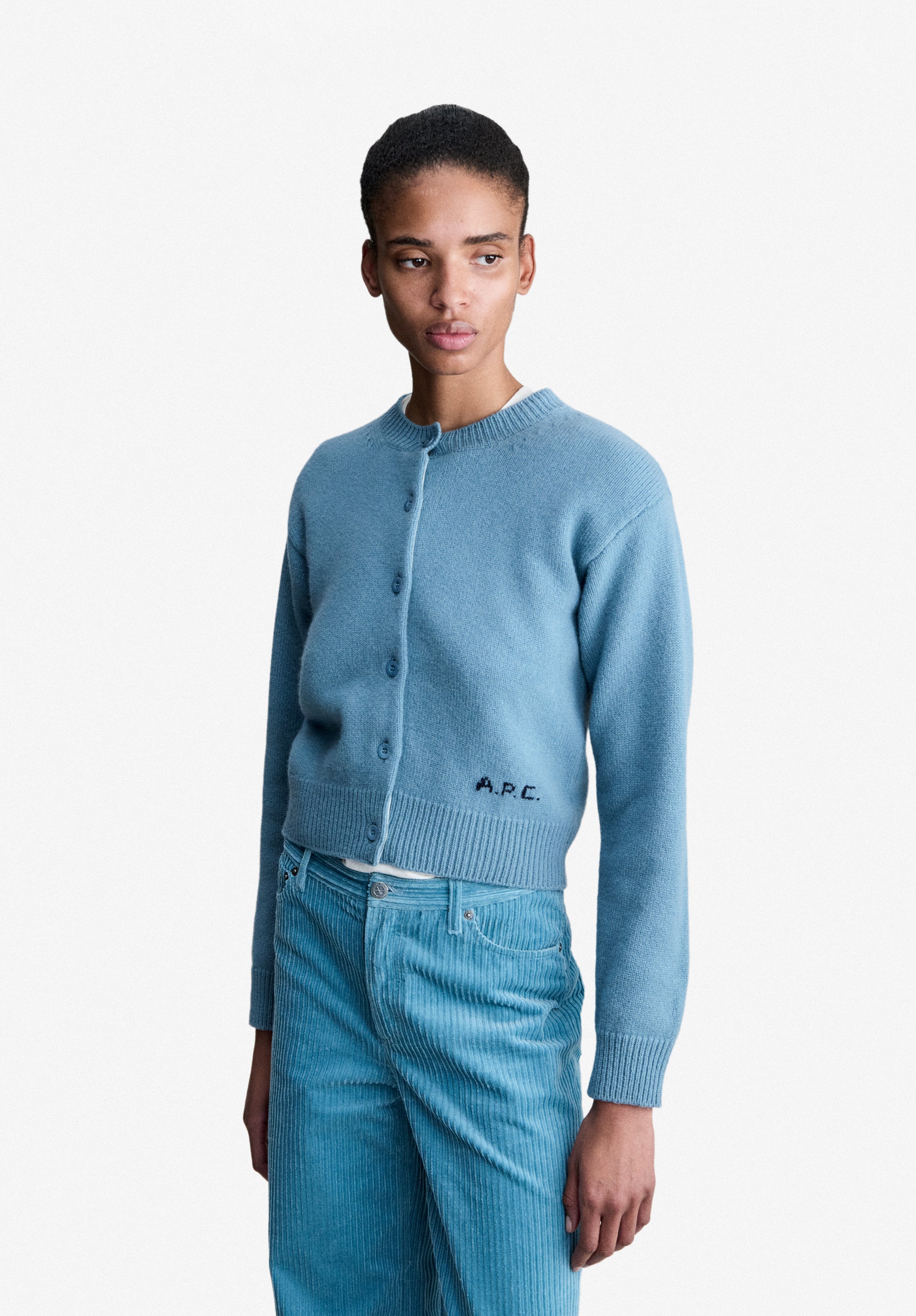 Cropped grey-blue wool cardigan - 3