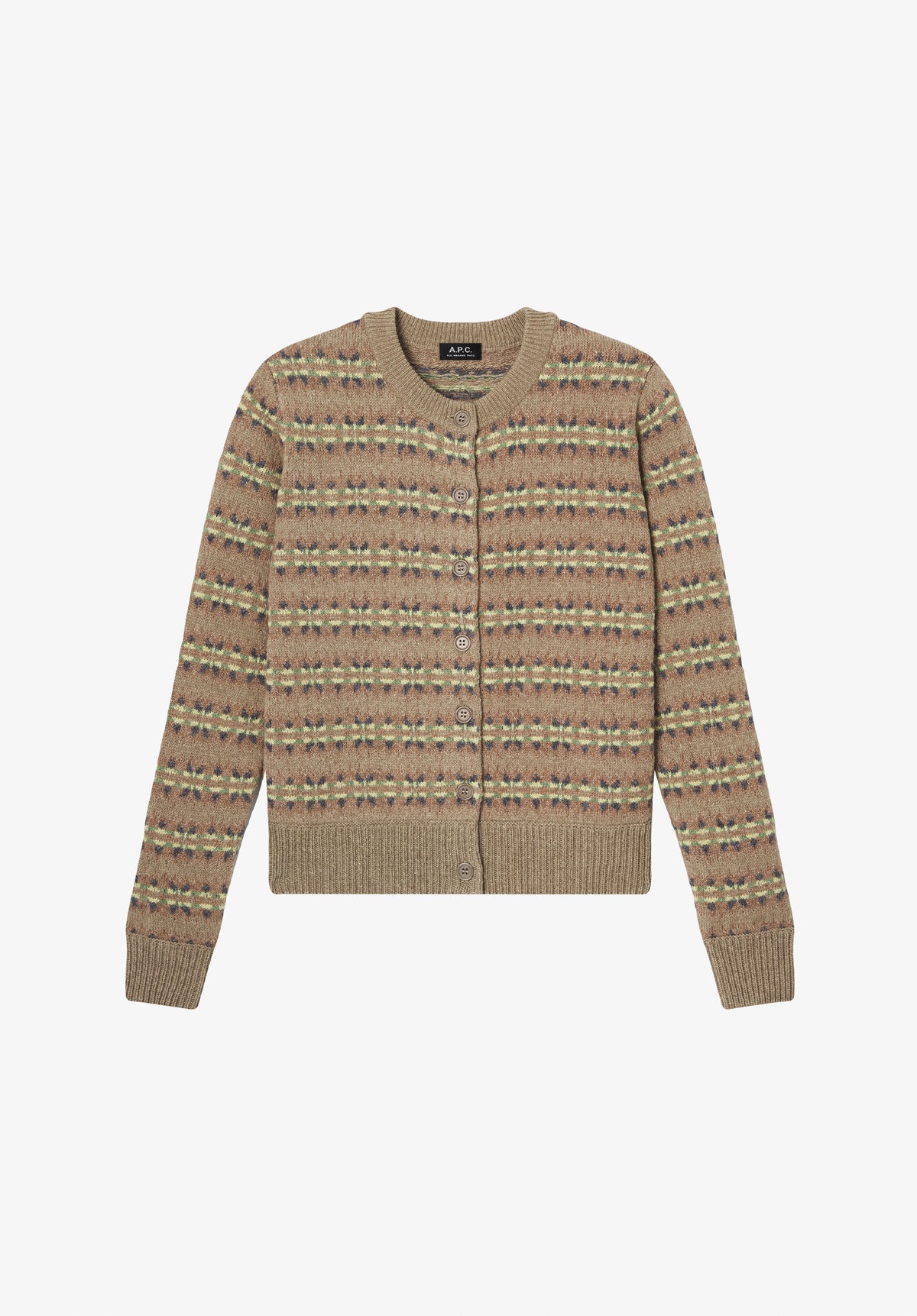 Gemusterter beigefarbener Cardigan aus Woll-Baumwoll-Mischung