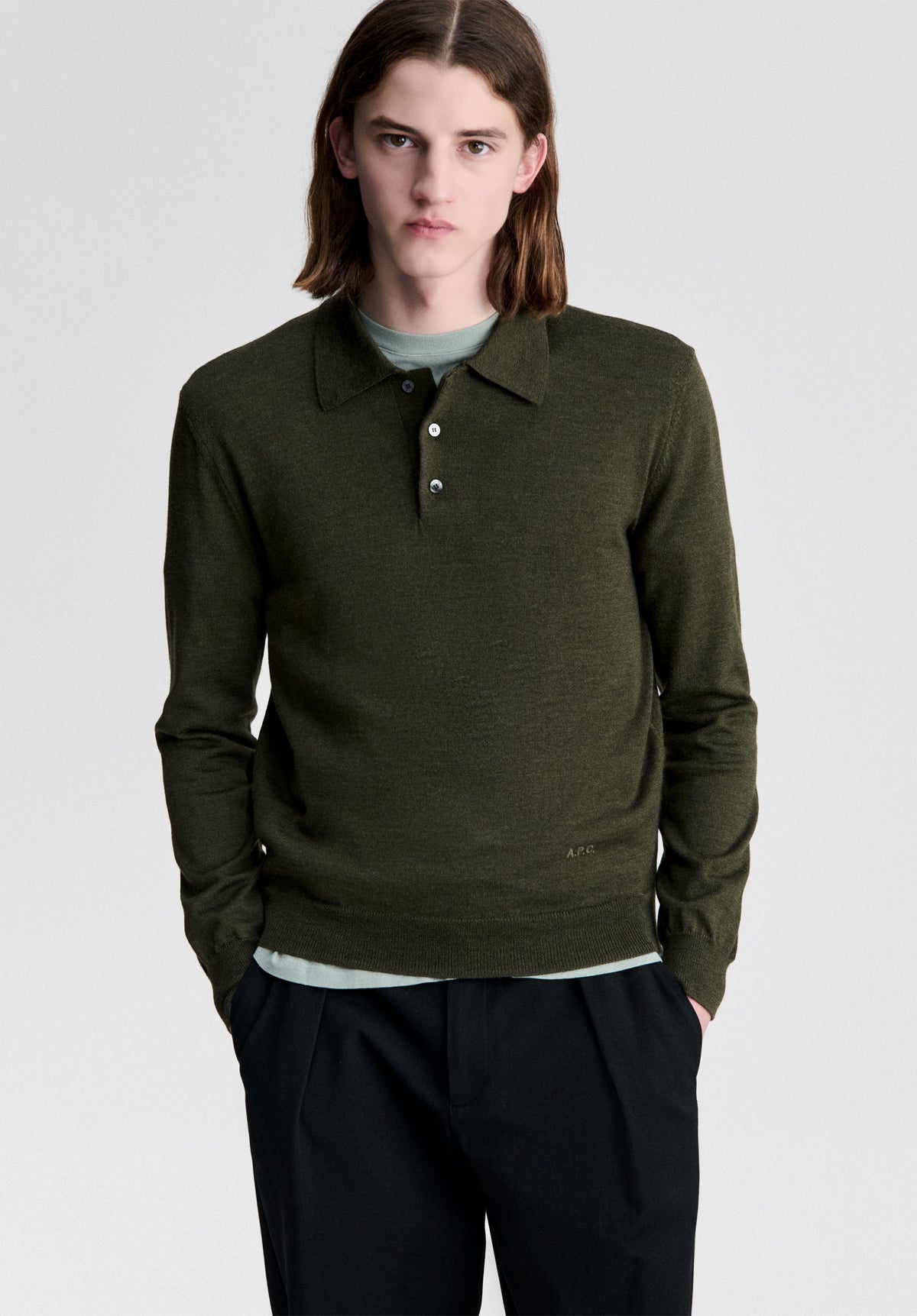 Polo manche longue en laine vert foncé