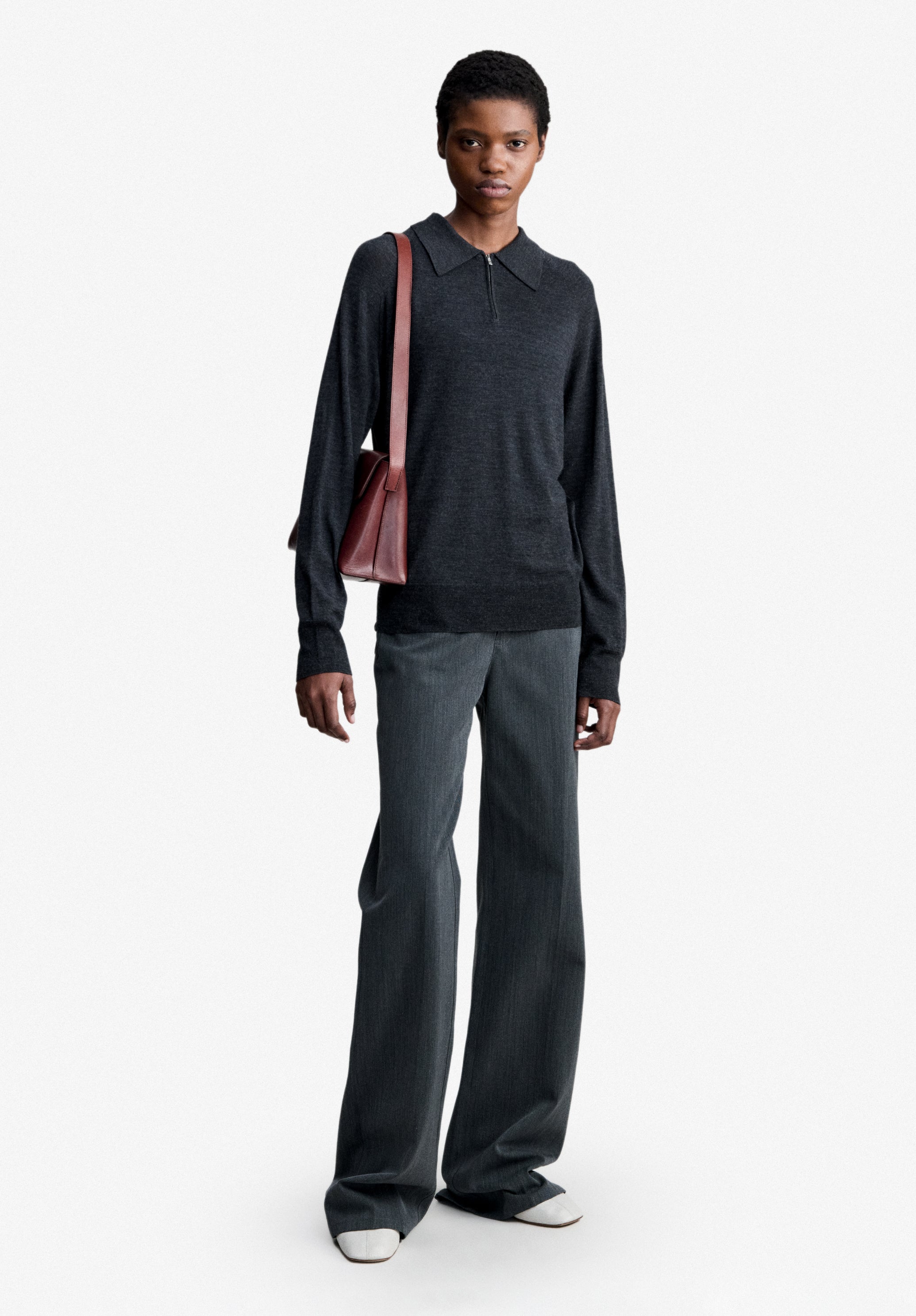 Long-sleeved grey wool polo shirt - 1